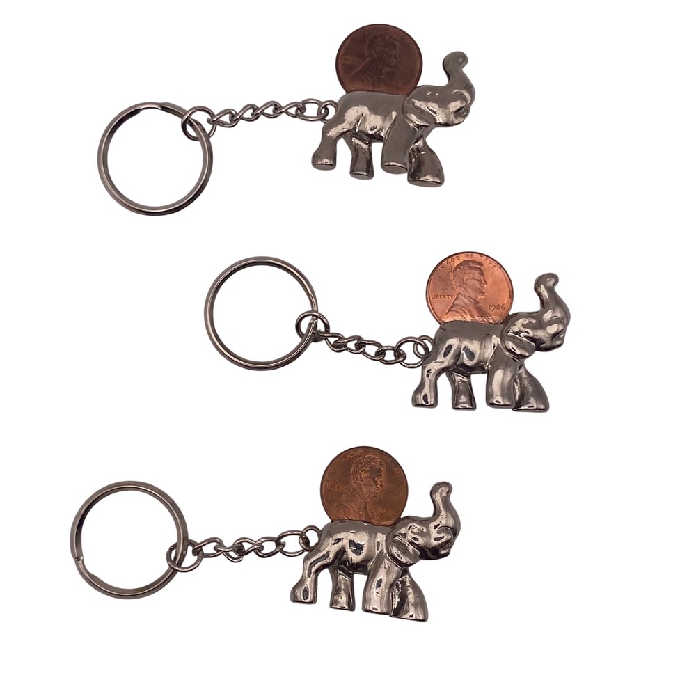 Set of 3 Vintage Silver Tone‎ Good Luck Elephant Keychains Lucky Penny Holder